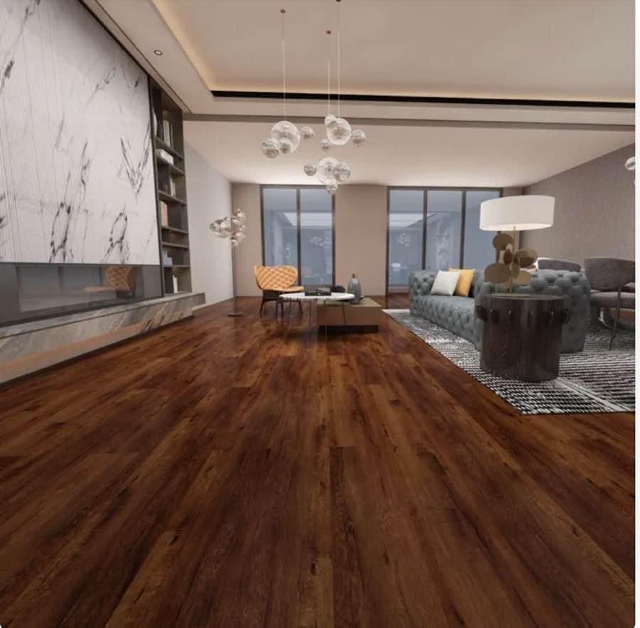 Dark walnut waterproof SPC vinyl plank flooring in a bright modern living room by Oceanus Flooring